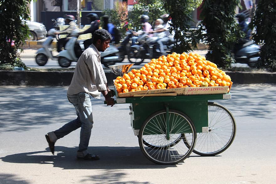 owoce, Pomarańczowy, sprzedawca, mężczyzna