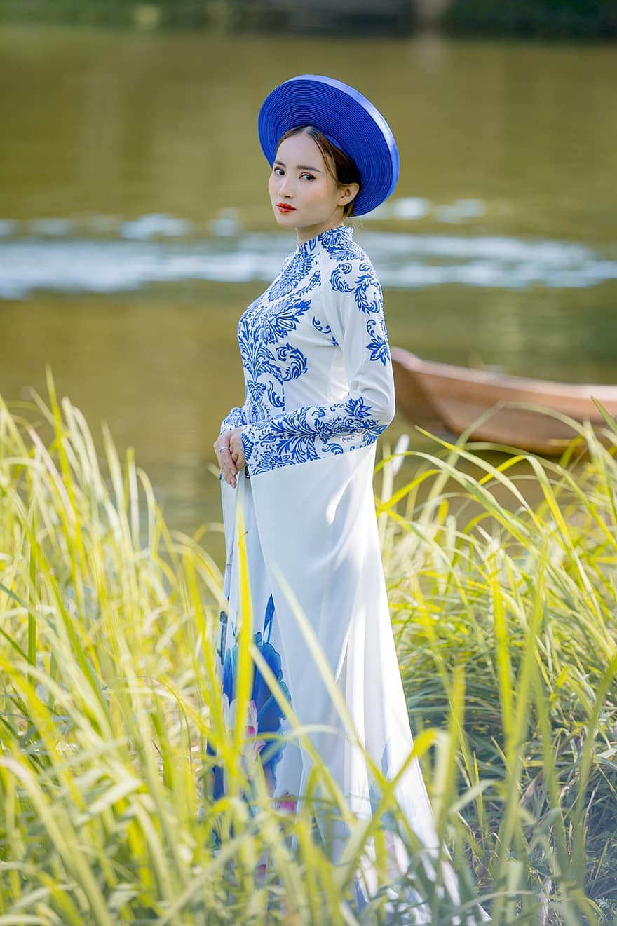 ao dai, moda, mulher, Vestido Nacional do Vietnã, chapéu, vestir, tradicional, menina, bonita, pose, modelo