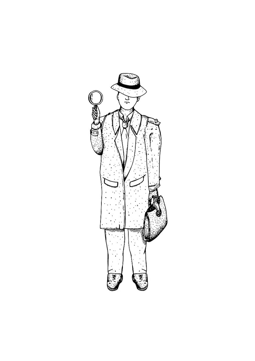 Detective, Inspect, Investigate, Suit, Coay, Hat, Drawing, Mystery, Clues