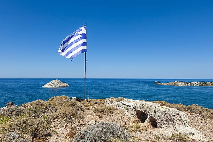 Hellas, meri, maisema, luonto, lippu, saari, taivas