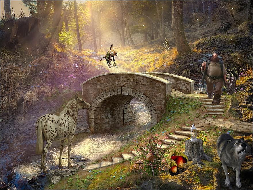 puente, hombre, animales, bosque, fluir, molde, lobo, escalera, hombres, árbol, perro