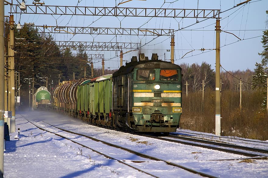 transportavimas, traukinys, kelionė, bėgiai, geležinkelio bėgiai, sniegas, žiemą, transporto rūšis, industrija, eismas, lokomotyvas