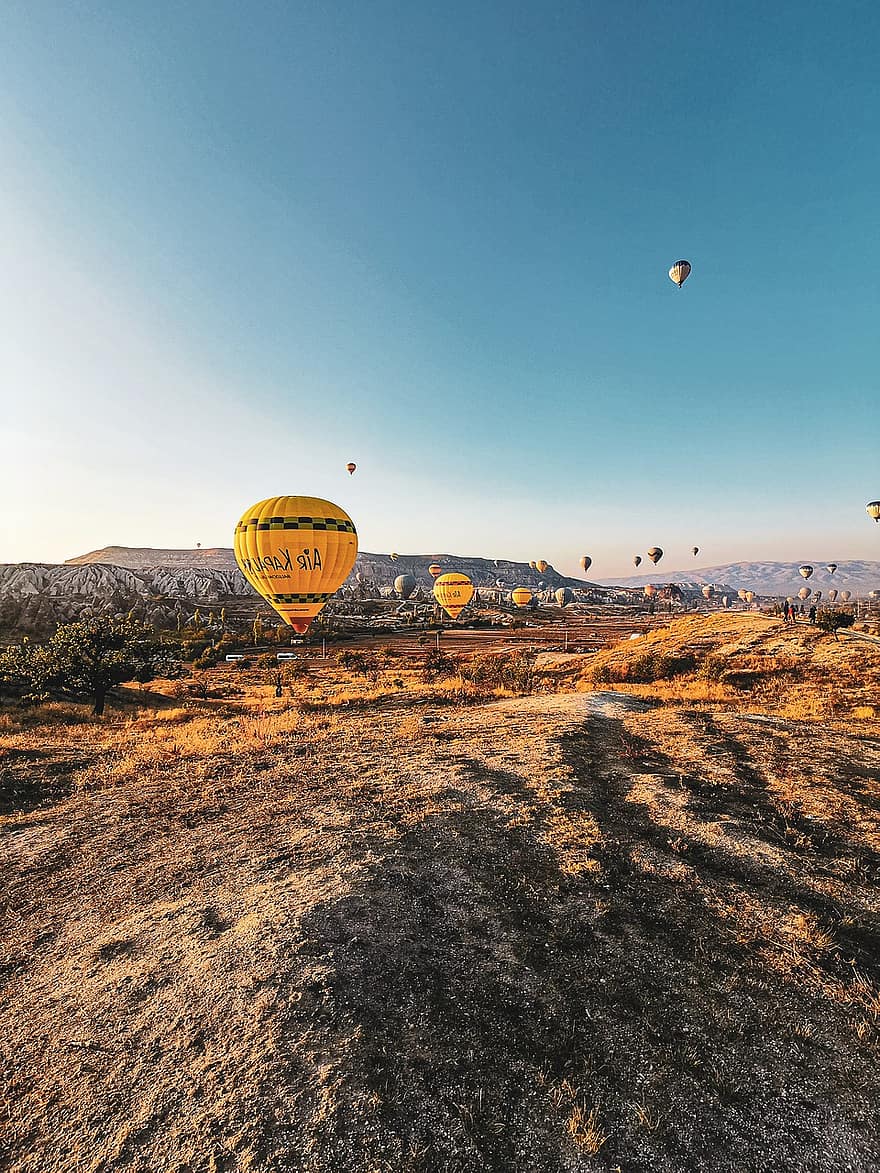 Cappadoce, dinde, montgolfière, ciel, Matin, tourisme, champ