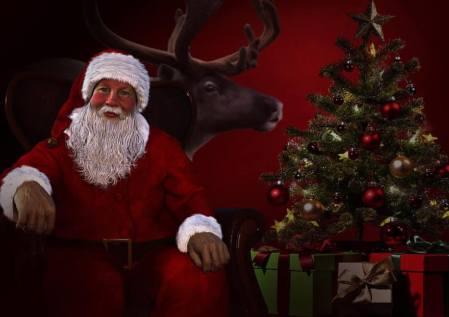 Santa Claus, Reindeer, Christmas, Christmas Tree, Gifts, Santa, Nicholas, Advent