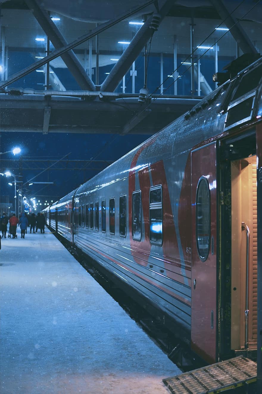 vinter-, tåg, plattform, snö, natt, järnväg, tågstation, metro, transport, järnvägsspår, transportsätt