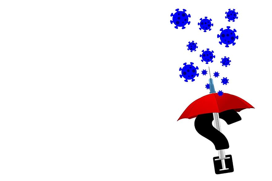 corona, guarda-chuva, seringa, ponto de interrogação, vírus, vacina, vacinação, protecção