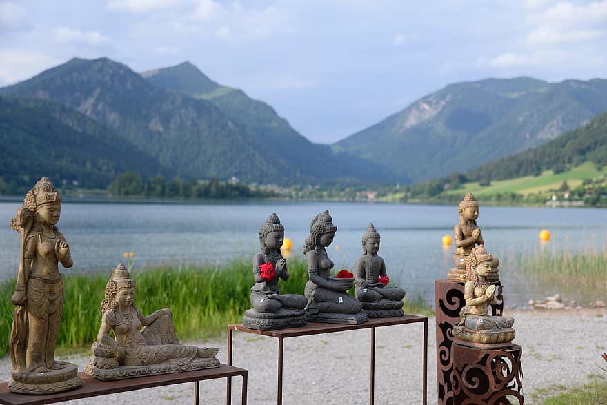 muntanyes, llac, naturalesa, Buda, aigua, muntanya, relaxació, estiu, fusta, religió, estàtua