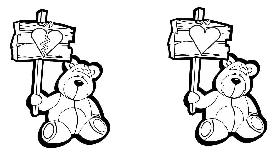 teken, liefde, romance, hart-, hout, speelgoed-, fuzzy, amour, Valentijn, gebroken, beer
