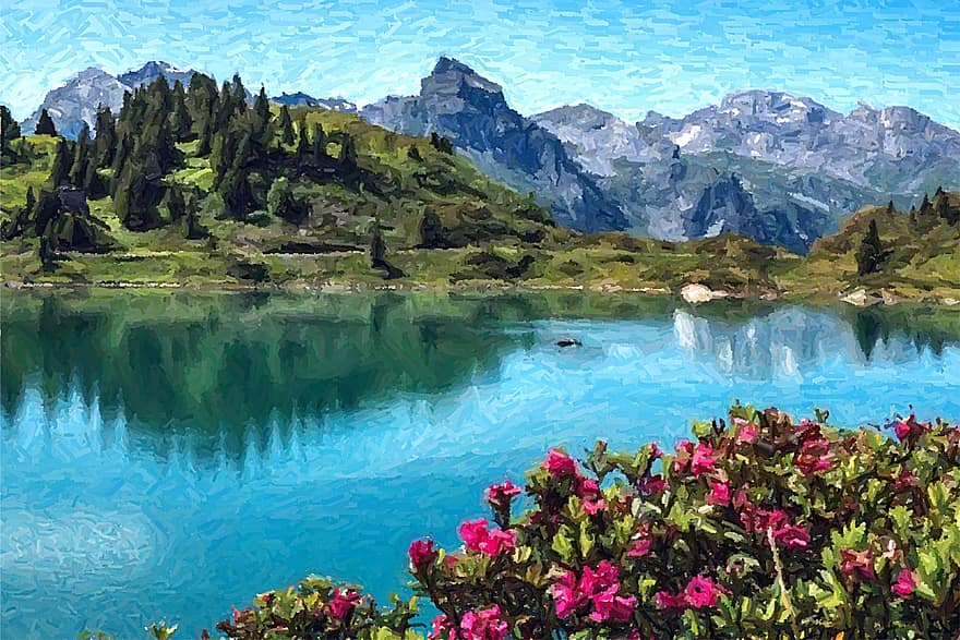 Trubsee, Sveits, oljemaleri, innsjø, Alpene, swiss alps, landskap, fjellene, natur, refleksjon, maleri