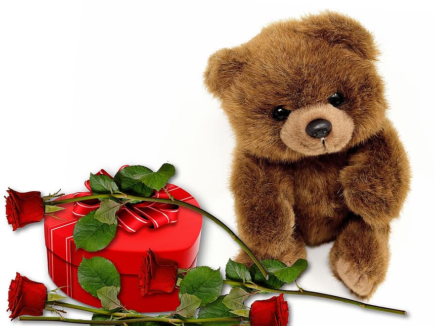 nallebjörn, ro, gåvor, plysch, Gosedjur, gosedjur, hjärtans, Alla hjärtans presenter, valentine, blommor, röda rosor