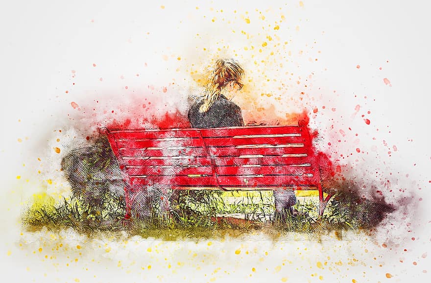 Girl, Bench, Reading, Rest, Alone, Nature, Watercolor, Vintage, Woman, Colorful, Emotion