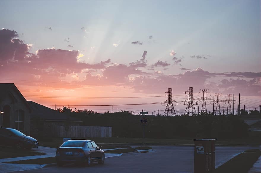 Sunset, Town, Transmission Towers, Pylons, Power Towers, Cables, Clouds, Sunlight, Light, Sky, Cars