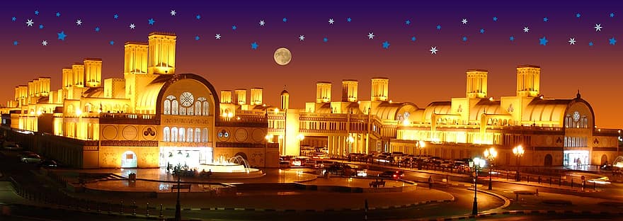 Sharjah Central Souq, köpcentrum, nattlampor, sharjah, uae, landskap