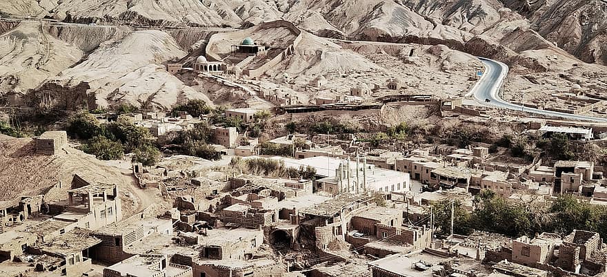 Mosque, Village, Uygur Ethnic Group, Ancient, Xinjiang, aerial view, travel, mountain, famous place, architecture, high angle view