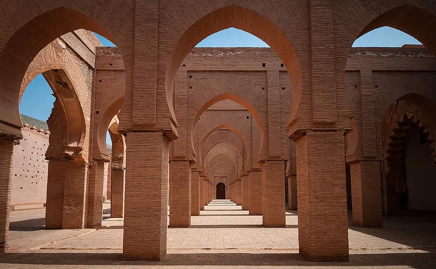 marroquí, mesquita, islam, tinmel, arquitectura, arcs, maons, patró, antic