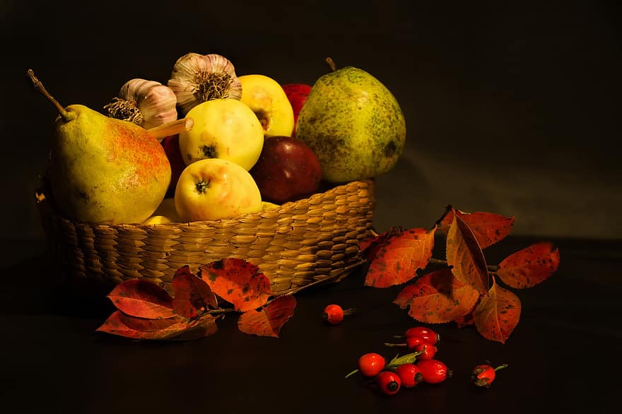 ēdiens, augļi, Klusā daba, grozs, rudenī, ābolu, bumbieru, ķiploki, dārzeņi, fona