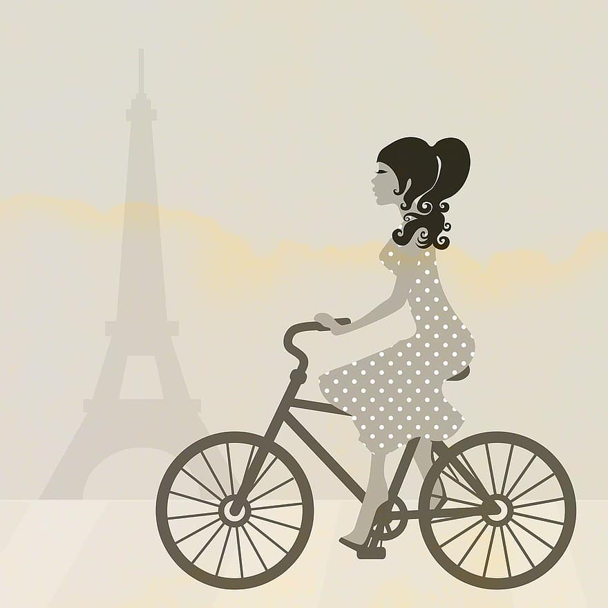 flicka, cykling, cykel, paris, Eiffeltornet, konst, resa, Lycklig, kvinna, utomhus-, sommar
