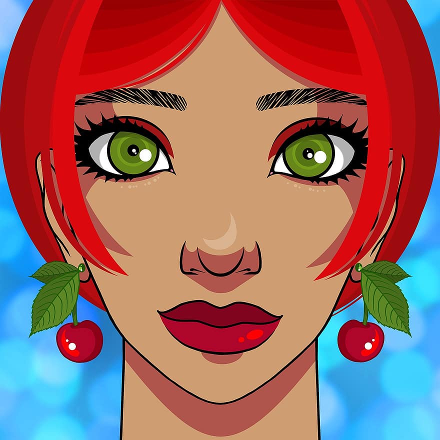 Woman, Cherry, Portrait, Face, Allegory, Earrings, Fruit, Green Eyes, Red Hair, Beautiful, Beauty