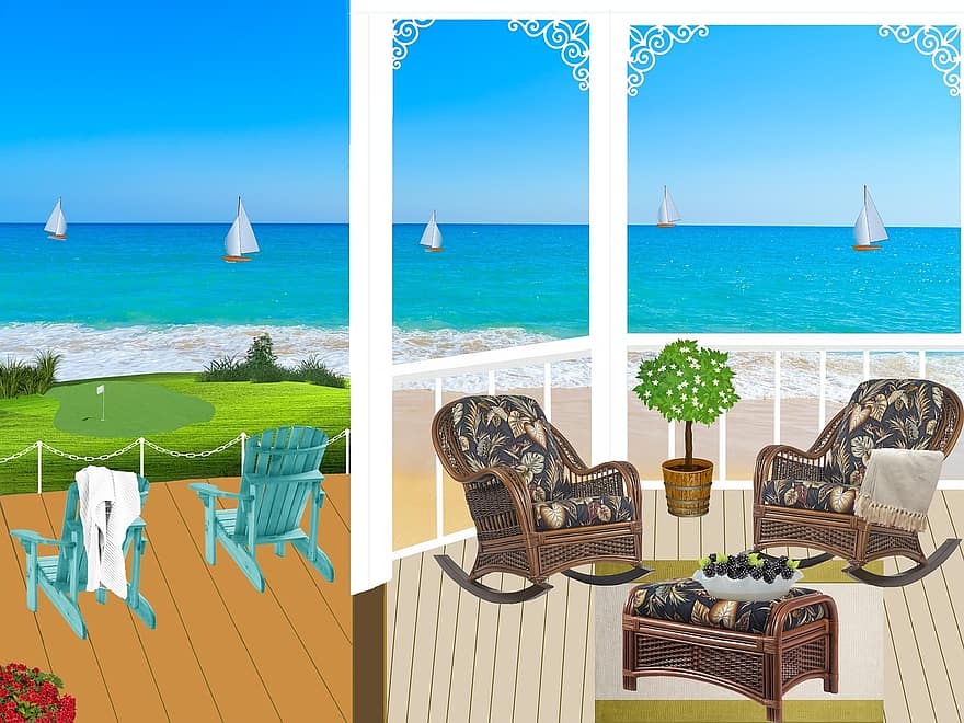 Balkon, Strand, Ozean, Veranda, Geländer, Sessel, Segelboot, Rattanmöbel, Pflanzen blühen, Golf, Adirondack Stühle