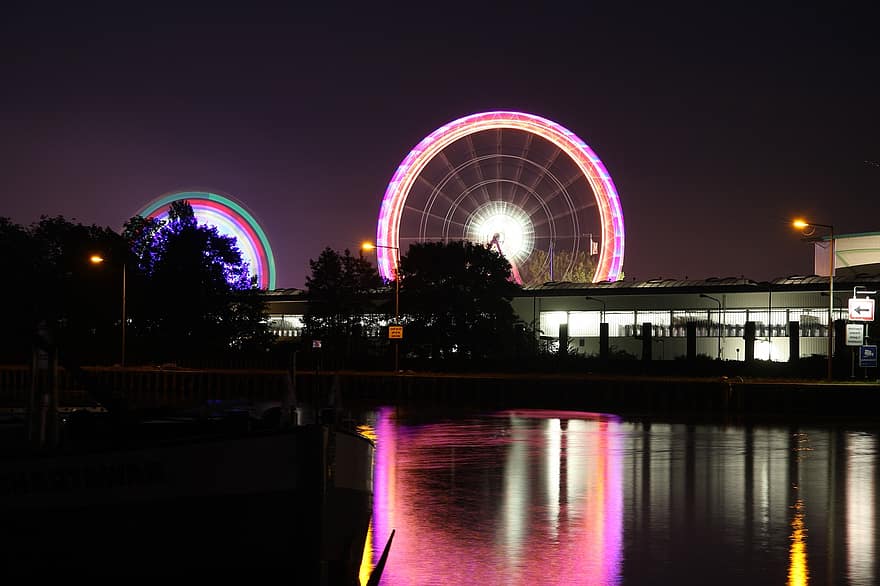 nuit, l'horizon, parc d'attractions, Foire de Crange, grande roue, région de la ruhr, Canal Rhin-herne, crépuscule, illuminé, amusement, multi couleur