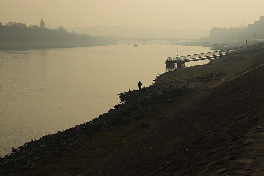 река, человек, пирс, мост, туман, мгла, банка, Дунай, Duna, folyó