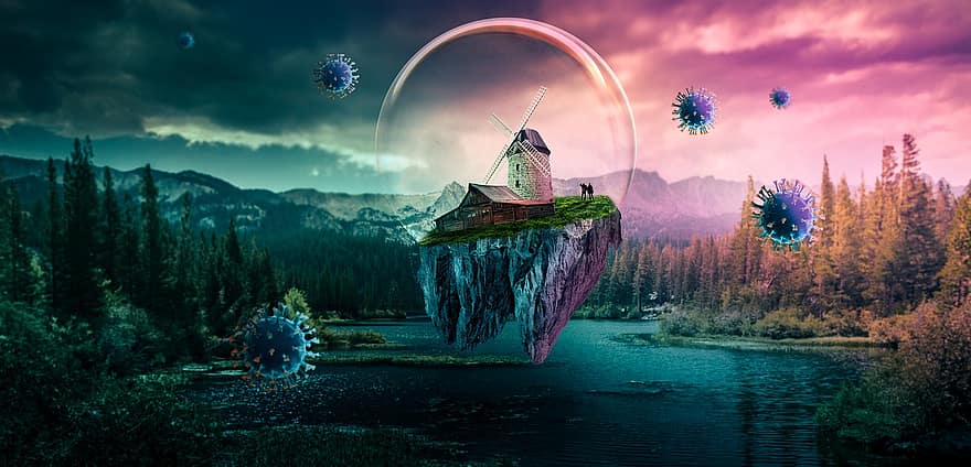 Windmill, Couple, Bubble, Virus, Bacteria, Forest, Island, House, Nature, Mountains, People