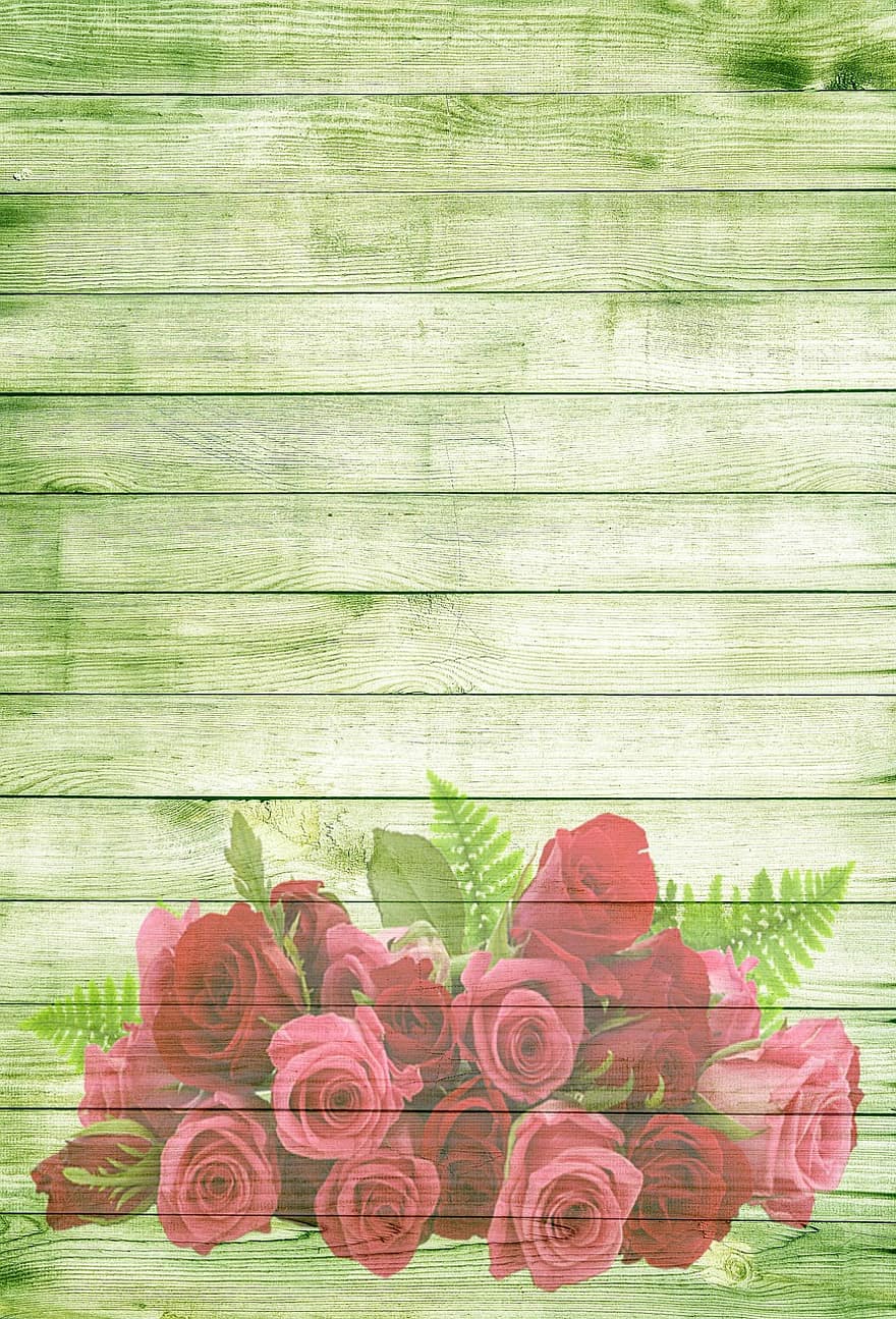 Rosenstrauß, auf Holz, Geburtstagsstrauß, Grün, Hintergrund, Karte, romantisch, spielerisch, Rosen, Holz, Dekoration