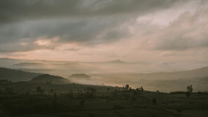 montagne, nebbia, Alba, nuvole, paesaggio, natura, alba, scenario, phu yen, montagna, scena rurale