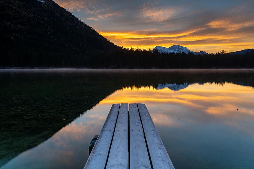 Alba, Hintersee, lago, montagne, riflessione, Baviera, berchtesgaden, tramonto, natura, paesaggio, montagna