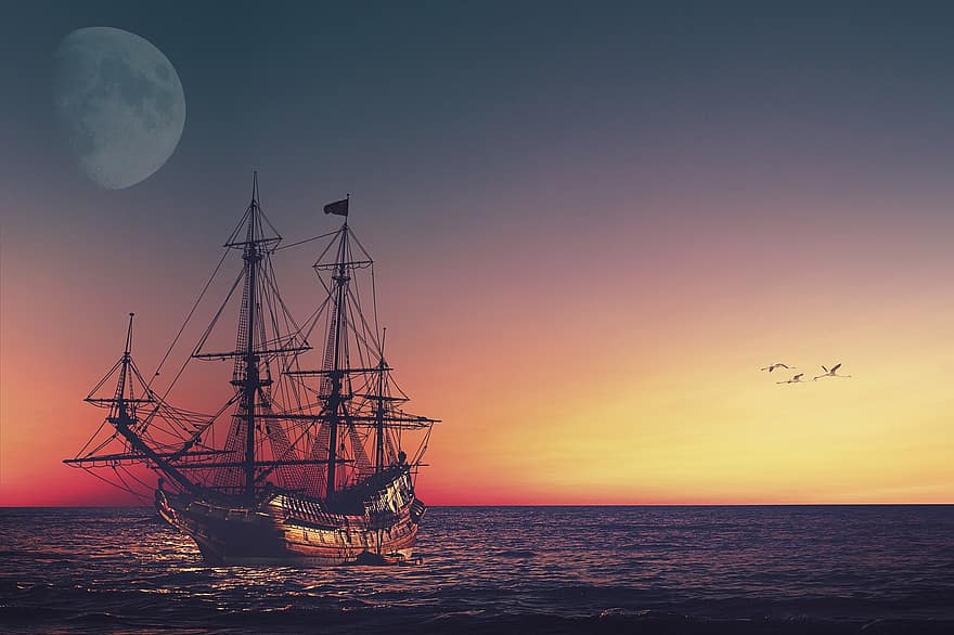 日没、海、船、ガレオン、マスト、帆船、ウィンドジャマー、空、月、鳥、フォトモンタージュ