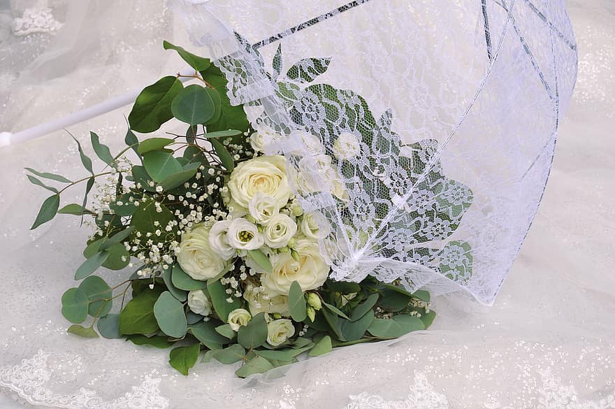 Bridal Bouquet, Umbrella, Top Umbrella, Top, Wedding Motif, Wedding, Brewing Accessories, To Marry, White, Love, Marriage