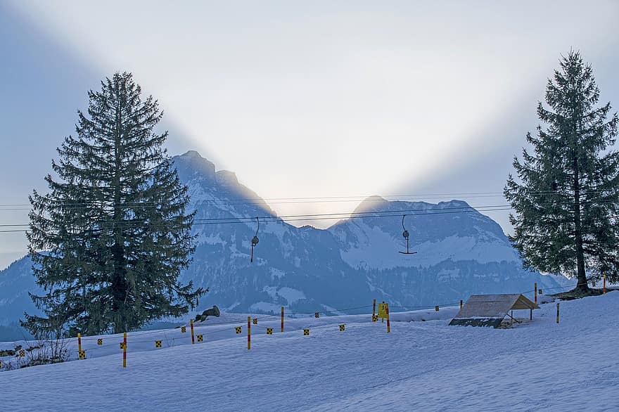 schweiz, vinter-, bergen, landsbygden, dal, landskap, snö, berg, skidbacke, skidåkning, sport