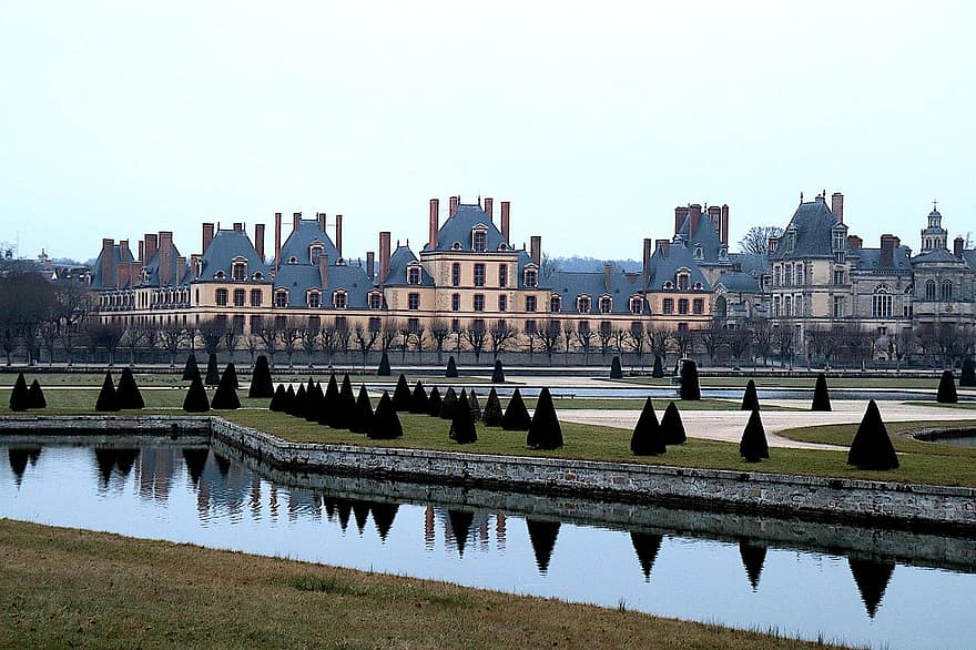 castillo, Castillo de Fontainebleau, histórico, patrimonio, Francia, arquitectura, parque, cuencas, campo, coníferas, agua