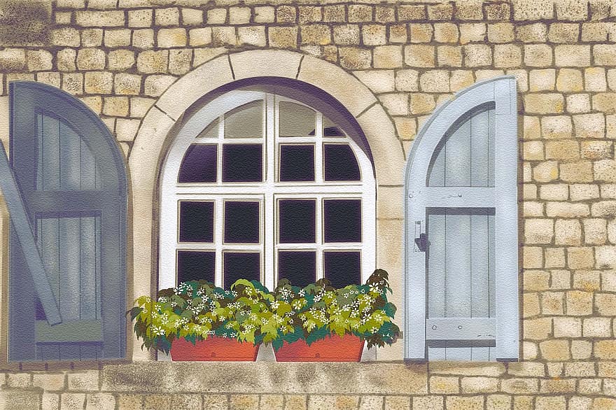 παράθυρο, σπίτι, λουλούδια, σχέδιο, σκίτσο, τέχνη, αρχιτεκτονική, εξωτερικό κτίριο, τείχος, χαρακτηριστικό δόμησης, φυτό