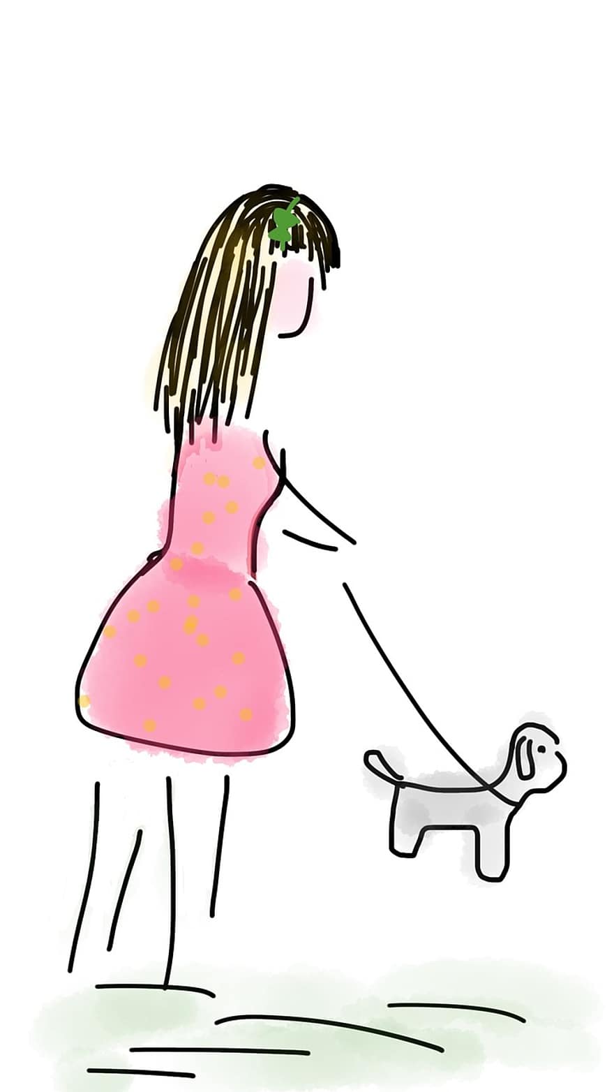 女の子、レディ、女性、犬、歩く、犬を連れて散歩をしている、ピンク、屋外の、若い、動物、犬の散歩