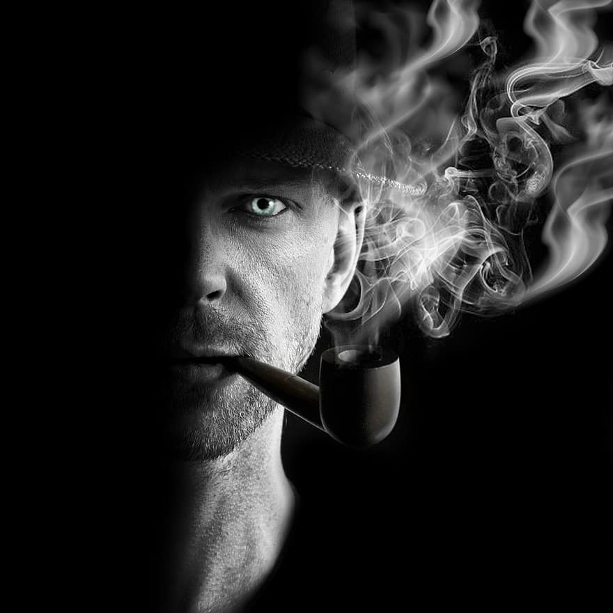 muž, trubka, stín, černobílý, silueta, světlo, chlap, dýmka, kouř, kouření, temný
