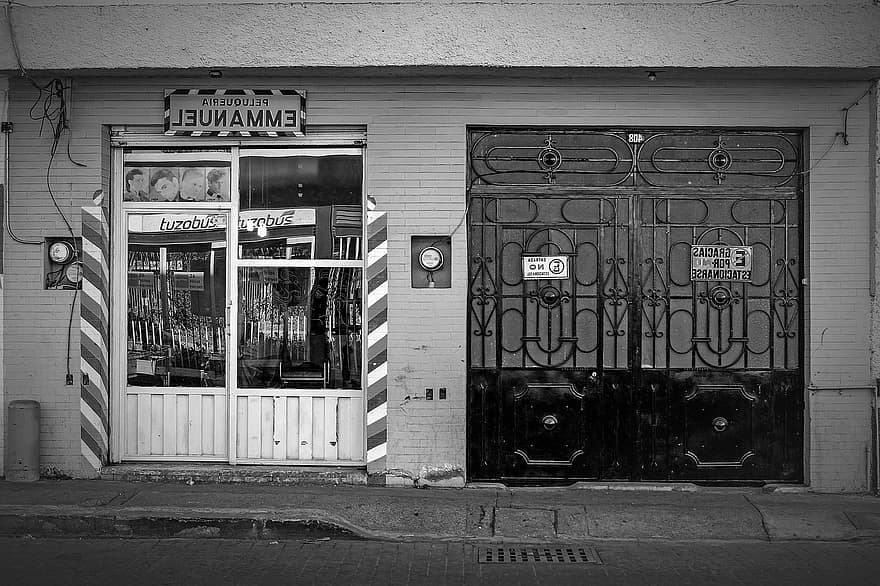 barbearia, rua, fazer compras, barbeiro, Bairro mexicano, México, pachuca, hidalgo, arquitetura, fachada, Preto e branco