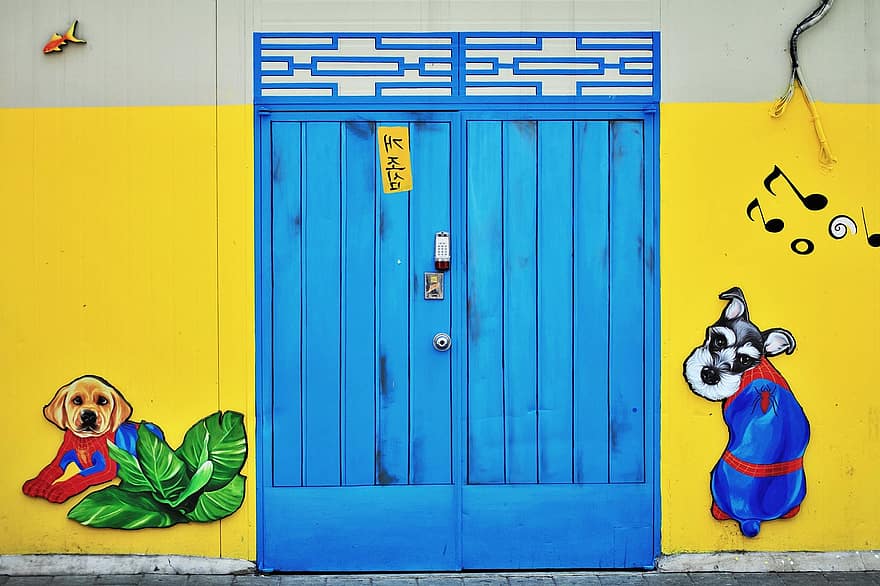 anak anjing, lukisan dinding, dinding, lukisan, imut, hangul, gwangju, perjalanan, anjing, biru, pintu