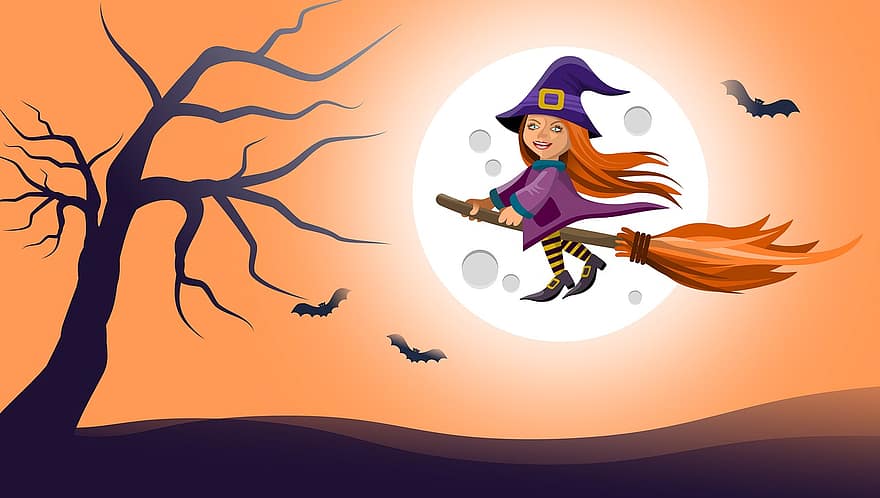 illustrazione, fantasia, Halloween, ragazza, strega, scopa, volare, Luna, chiaro di luna, notte, pipistrelli