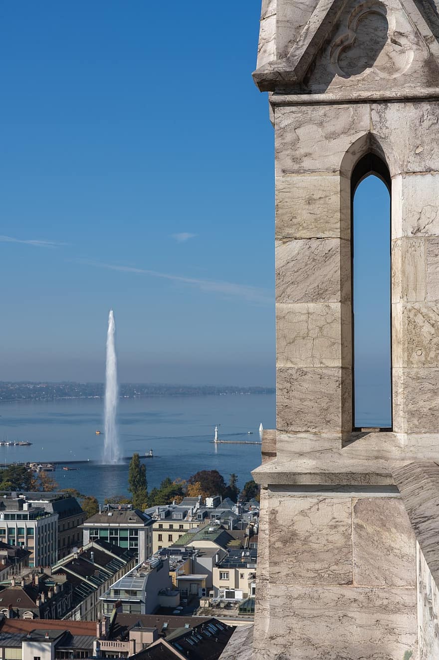 Ginebra, llac ginebra, jet d'eau, perspectiva, ciutat, viatjar, turisme, urbà, edifici, referència, torre