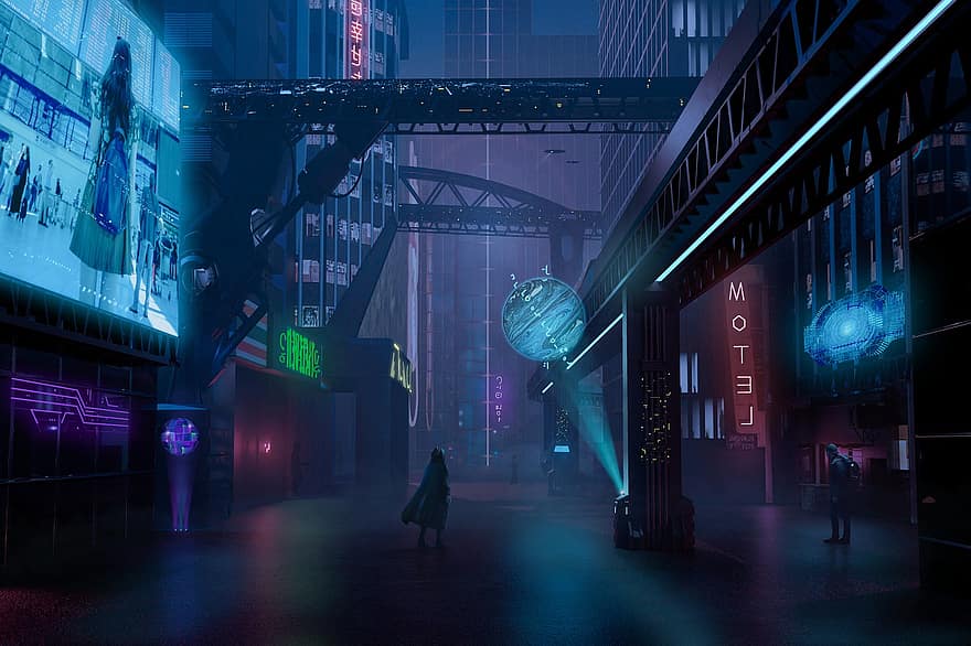 Miasto, noc, futurystyczny, przyszłość, przestrzeń, neon, ulica, światła, tajemniczy, mistyczny, technologia