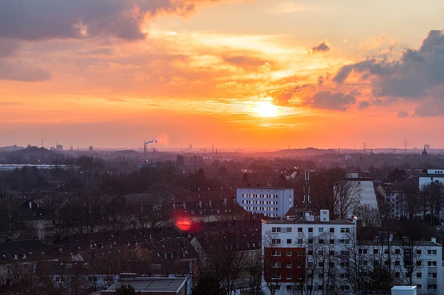 herne, město, západ slunce, budov, velkoměsto, Ruhr oblast, noc, nálada, mlha, průmysl, Cesta průmyslového dědictví