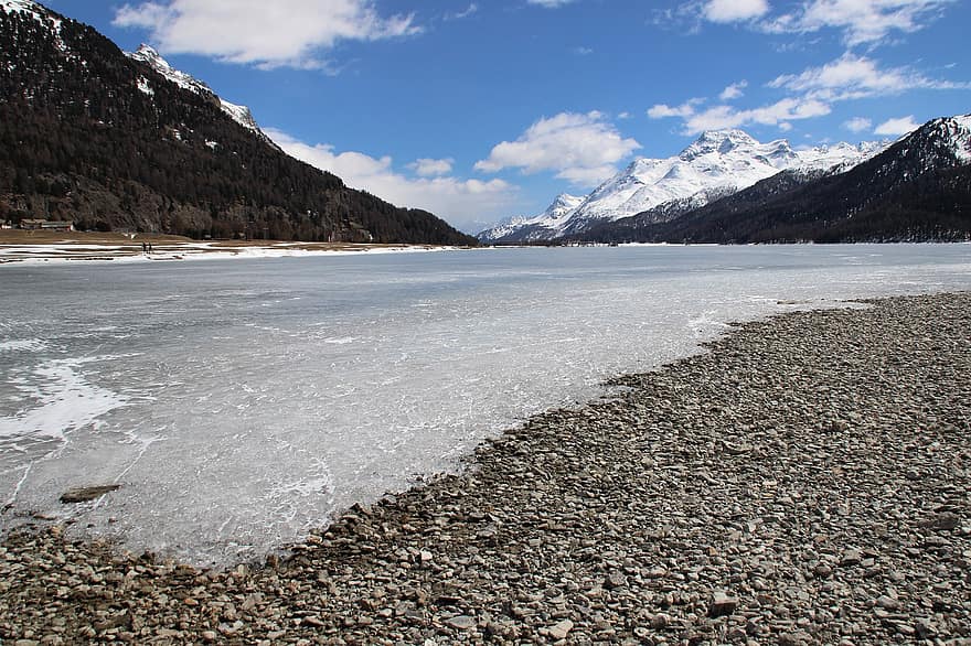 ežeras, užšaldytas ežeras, žiemą, kalnai, Alpės, pobūdį