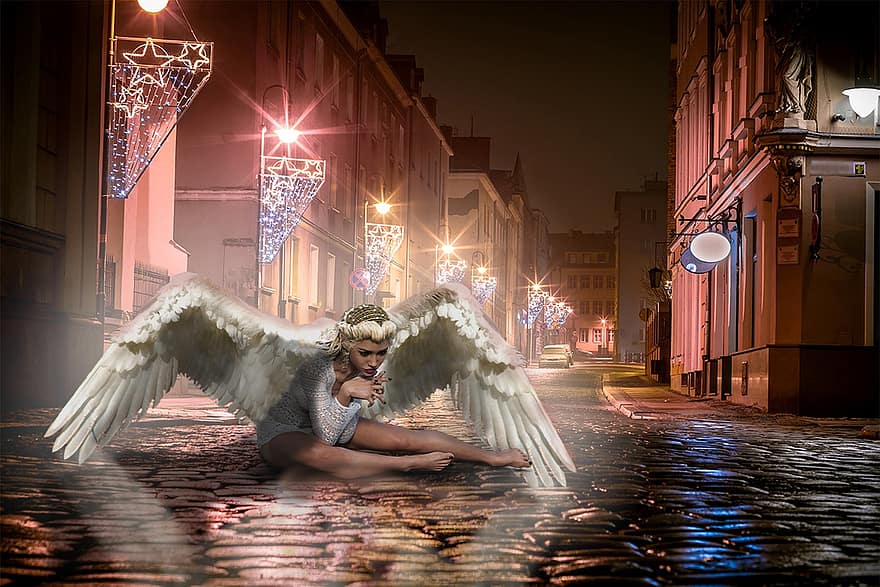 melek, Kent, fantezi, akşam ışıkları, sokak aydınlatması