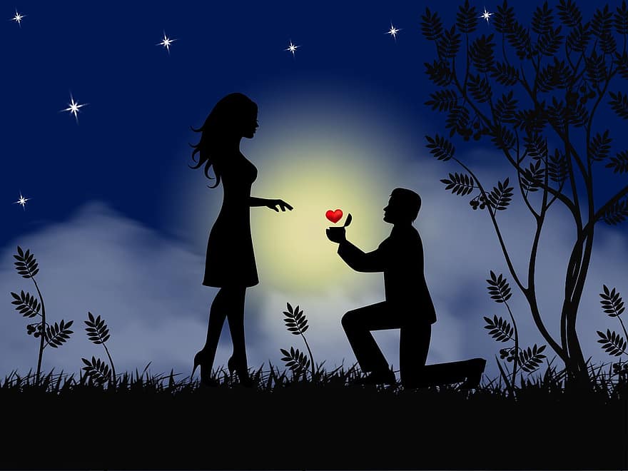 Couple, Love, Proposal, Silhouette, Engaged, Wedding, Proposing, Drawing, Sketch, Man, Male