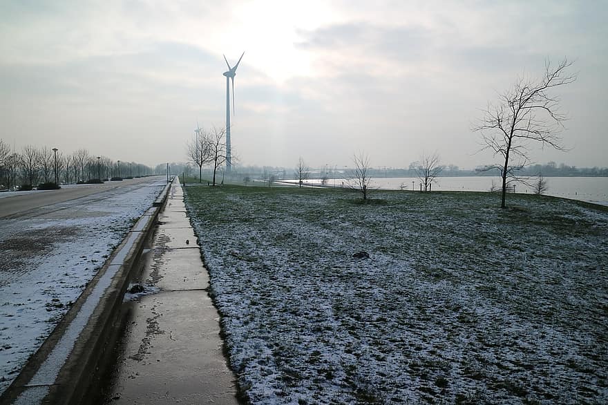 silnice, zimní, sníh, větrný mlýn, banka, řeka, Stad Van De Zon, Heerhugowaard, mlha, ulice