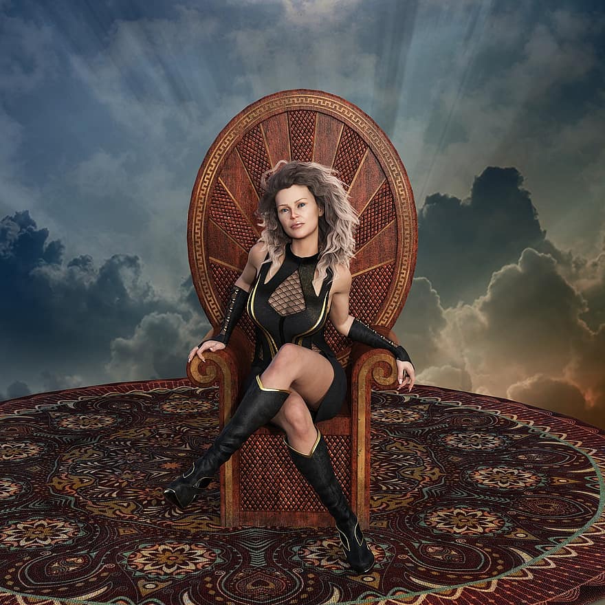 жінка, портрет, сидячи, престол, амазон, вамп, стілець, фантазія, магія, людини, вираз