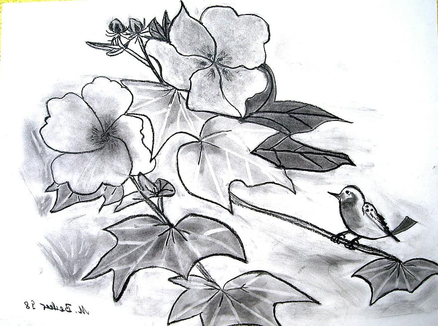uccello, ramo, fiori, le foglie, pittura, Immagine, arte, dipingere, colore, artisticamente, pittura di immagini