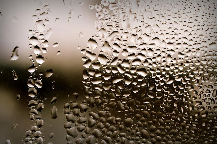 kapky vody, sklenka, okno, kapky rosy, mokré, kapky deště, voda, textura, pokles, pozadí, detail