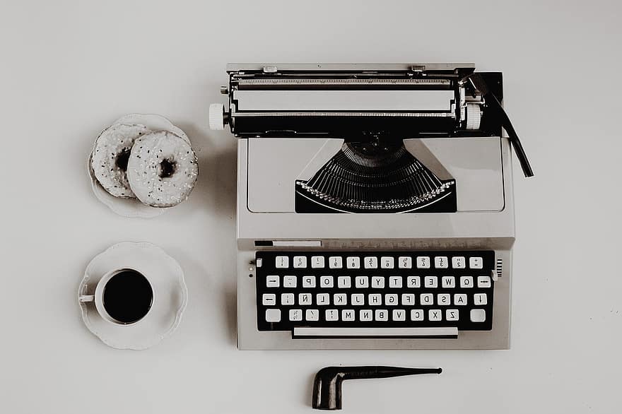 machine à écrire, machine à écrire vintage, rafraîchissement, La technologie, fermer, table, Bureau, objet unique, vieux, café, boisson